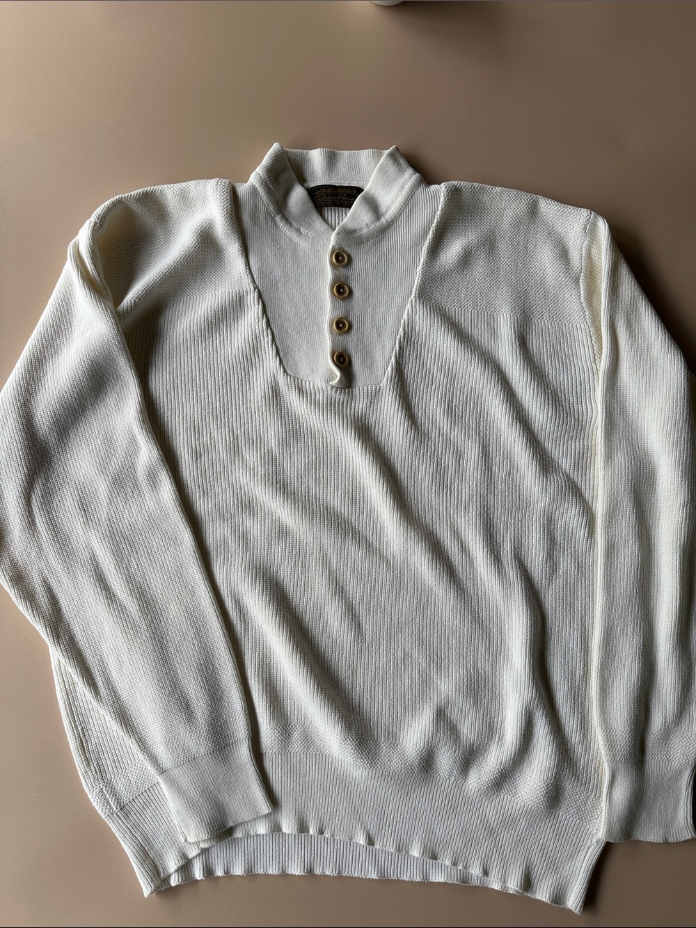 Vintage Eddie Bauer white Cream Ribbed Henley cotton Crewneck Sweater